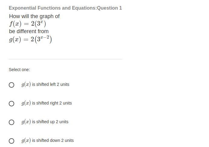 How will the graph of f(x)=2(3x) be different from g(x)=2(3x−2)-example-1