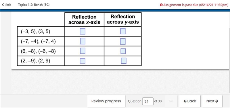 For each pair of coordinates, choose whether the points are reflections across the-example-1