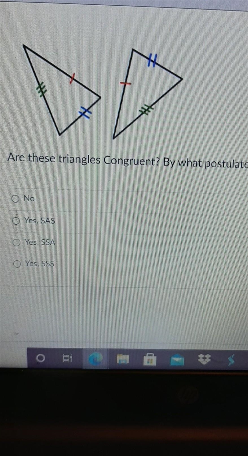 Anyone help me with this? Are these triangles Congruent? By what postulate? No Yes-example-1