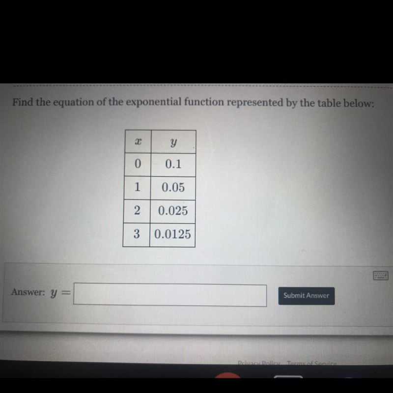 Find the equation of the exponential function represented by the table below: 2 y-example-1