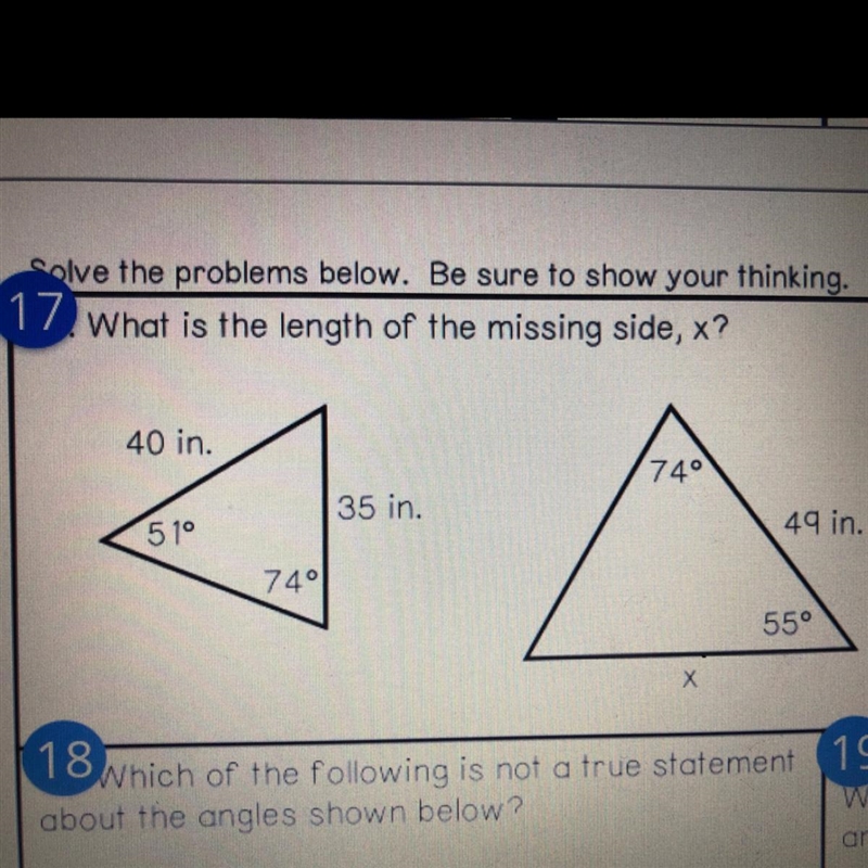 What is the length of the missing side, x? 40 in. 740 35 in. 510 49 in. 740 55° х-example-1