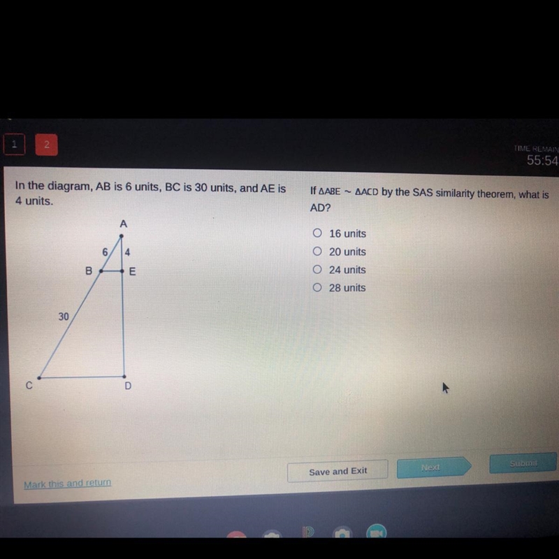 If AABE - AACD by the SAS similarity theorem, what is AD? 16 units 20 units 24 units-example-1