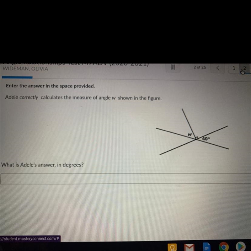 Adele correctly calculates the measure of angle w shown in the figure-example-1