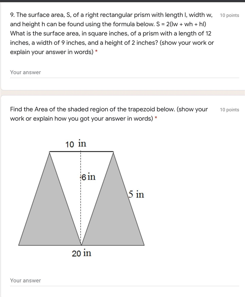 9. The surface area, S, of a right rectangular prism with length l, width w, and height-example-1