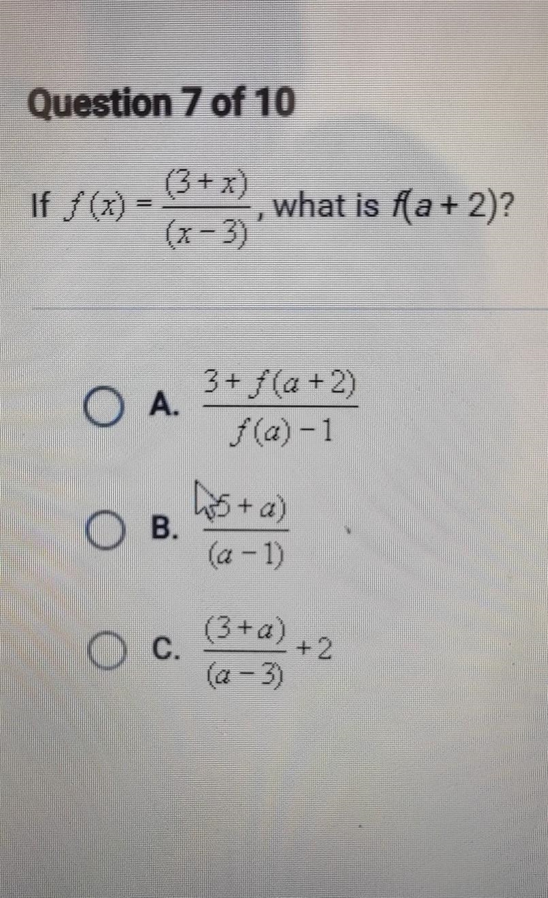 If f(x) = (3+x)/(x-3), what is f(a+2)​-example-1