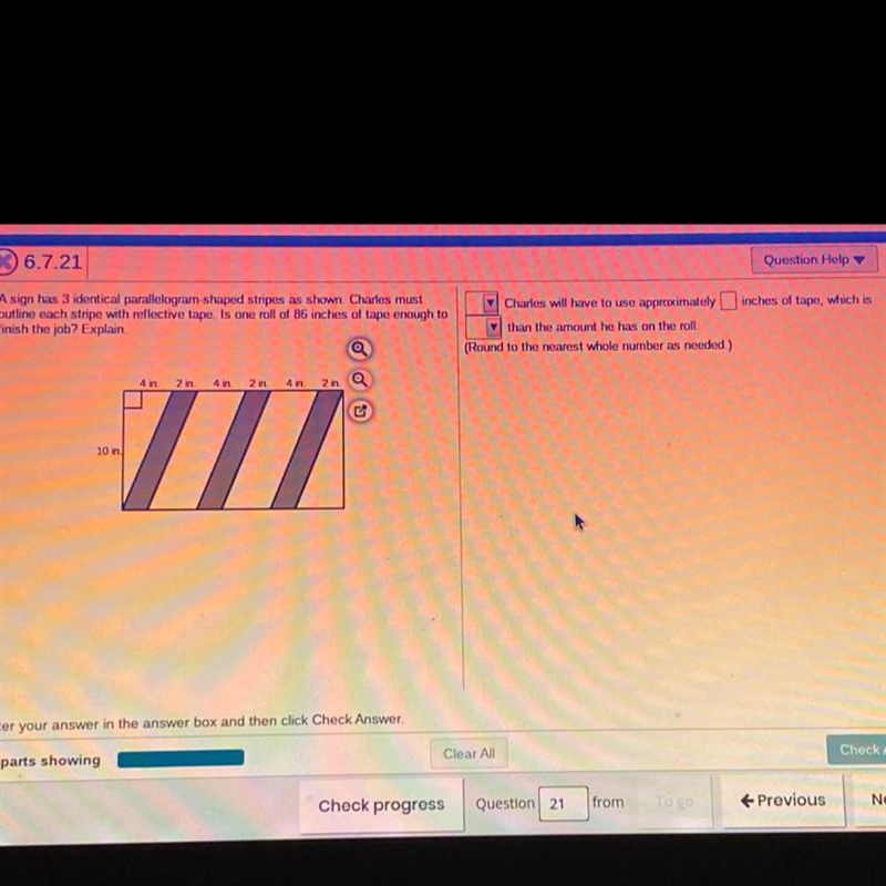 A sign has 3 identical parallelogram-shaped stripes as shown. Charles must outline-example-1