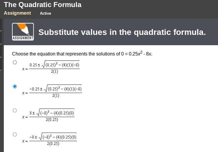 Choose the equation that represents the solutions of 0 = 0.25x2 - 8x.-example-1