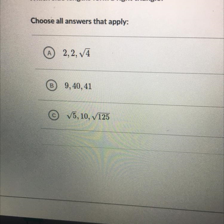Which side lengths form a right triangle chose all that apply-example-1