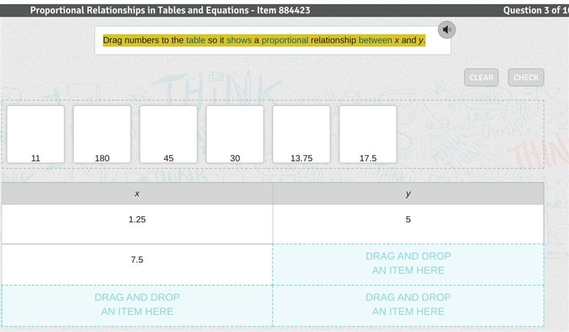 Drag numbers to the table so it shows a proportional relationship between x and y-example-1