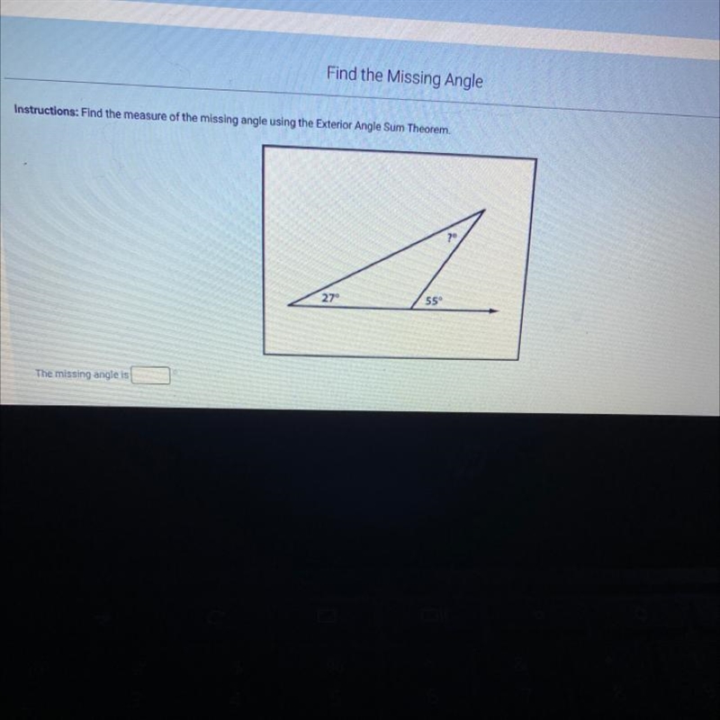 Find the measure of the missing angle using the exterior angle sum theorm.-example-1