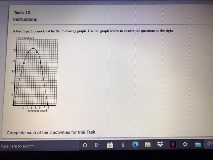 A bird's path is modeled by the following graph. Use the graph below to answer the-example-1