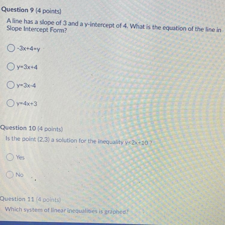 A line has a slope of 3 and a y-intercept of 4. What is the equation of the line in-example-1