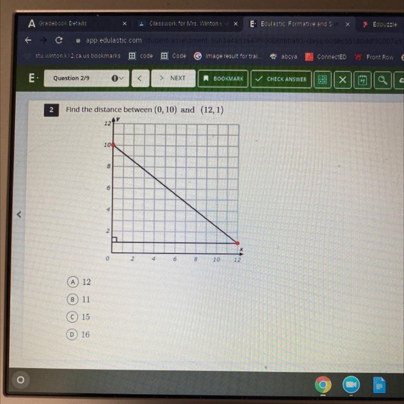 Find a distance between (0,10) and (12,1)-example-1