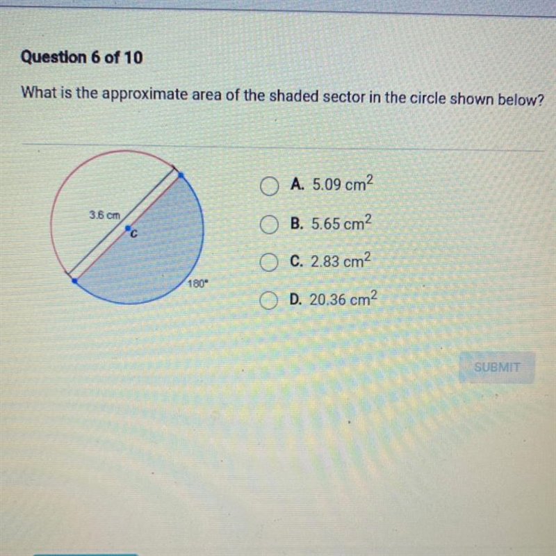 What is the approximate area of the shaded sector in the circle shown below?-example-1