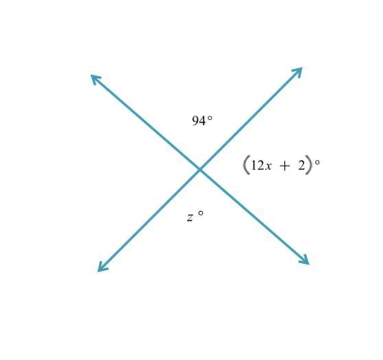 Given the figure below find the values of x and z (12x +2)° 94° z°-example-1