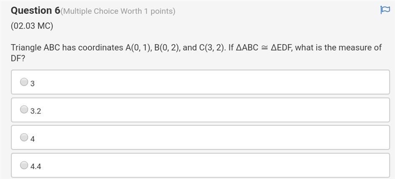 Triangle ABC has coordinates A(0, 1), B(0, 2), and C(3, 2). If ΔABC ≅ ΔEDF, what is-example-1