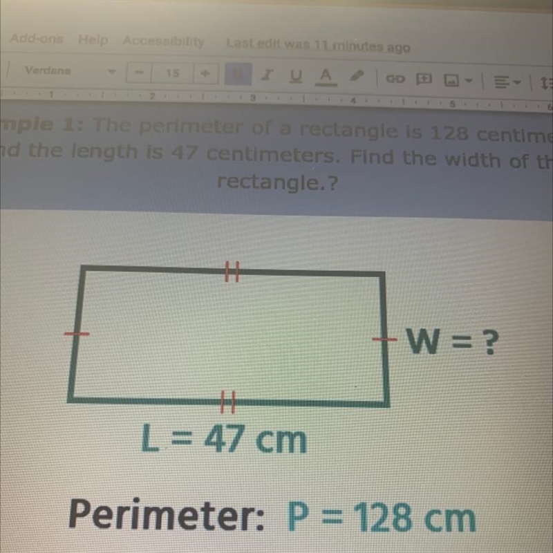 Using the formula above P= 2w + 2L, Find the value of the Width of the rectangle-example-1