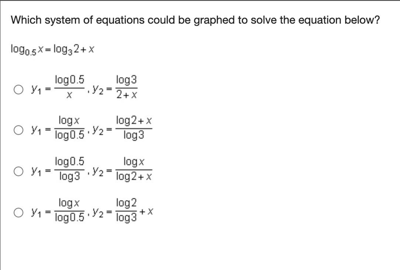 Which system of equations could be graphed to solve the equation below? log Subscript-example-1