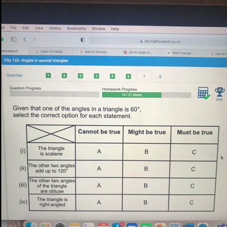 Given that one of the angles in a triangle is 60°, select the correct option for each-example-1