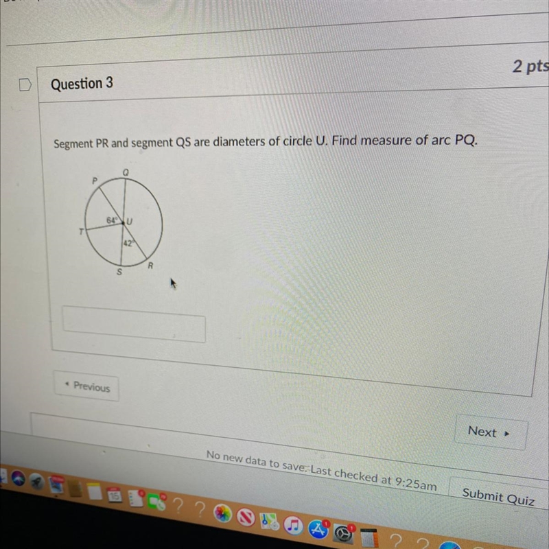 Segment PR and segment QS are diameters of circle U. Find measure of arc PQ.-example-1