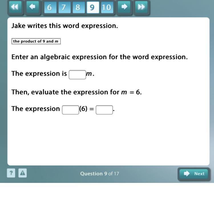 Jake writes this word expression. the product of 9 and m Enter an algebraic expression-example-1