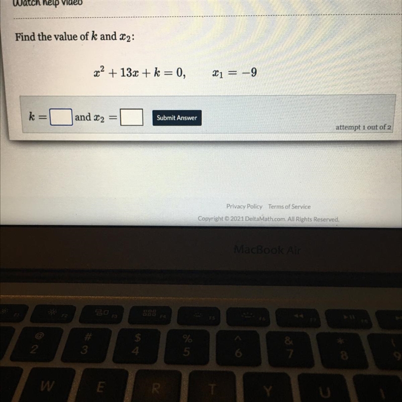 Find the value of k and x2 x^2+ 13x + k = 0, x1=-9-example-1