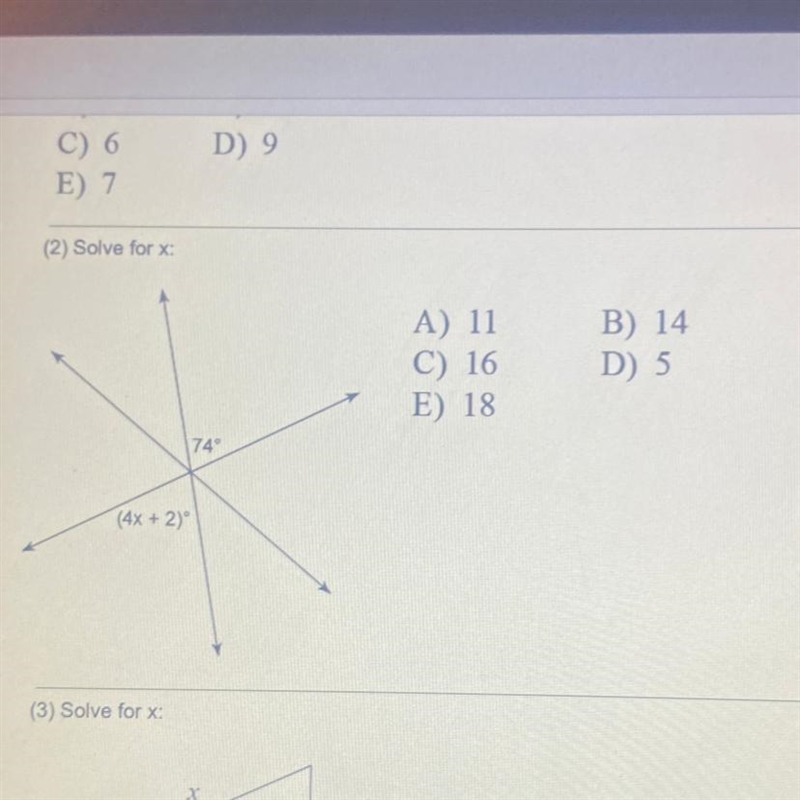 Solve for x: A) 11 C) 16 E) 18 B) 14 D) 5-example-1