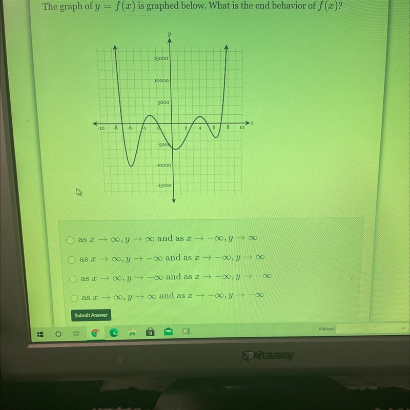 The graph of y = f(x) is graphed below. What is the end behavior of f(x)?-example-1