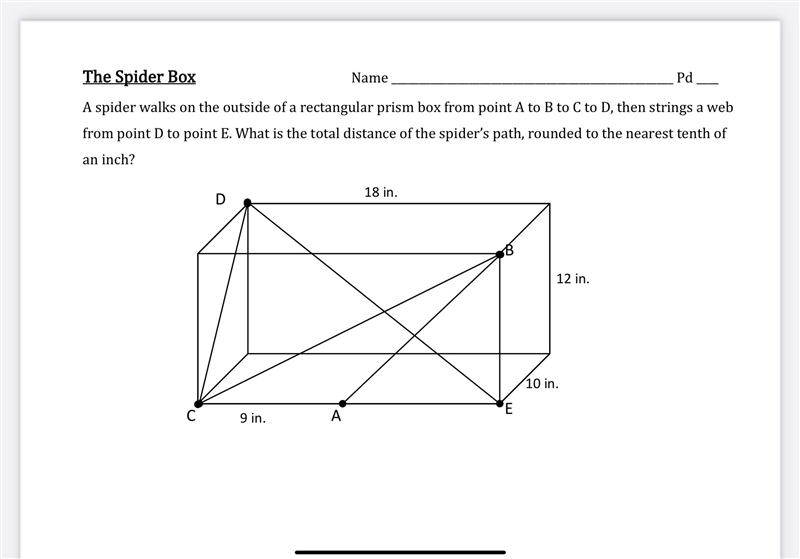 A spider walks on the outside of a rectangular prism box from point A to B to C to-example-1