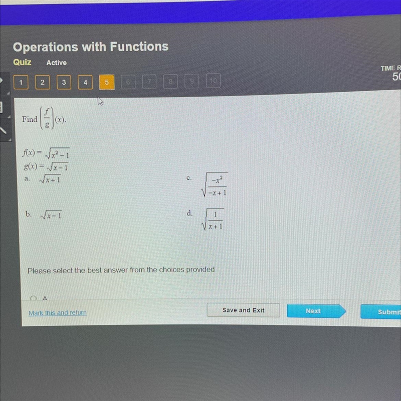 Find (f/g)(x). f(x)=sqrtx^2-1 g(x)=sqrtx-1 (hurry plz its timed lol)-example-1