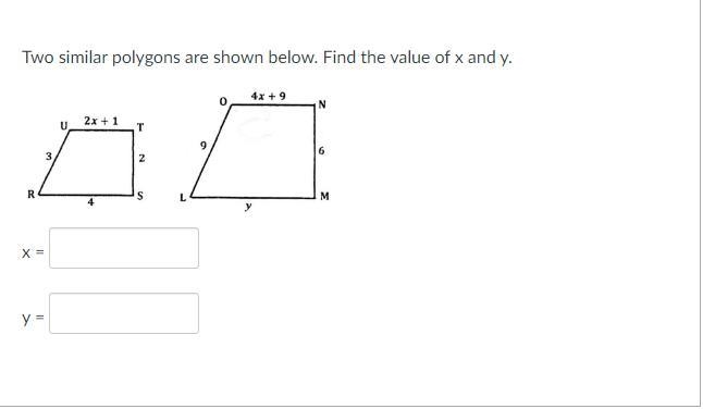 Two similar polygons are shown below. Find the value of x and y.-example-1