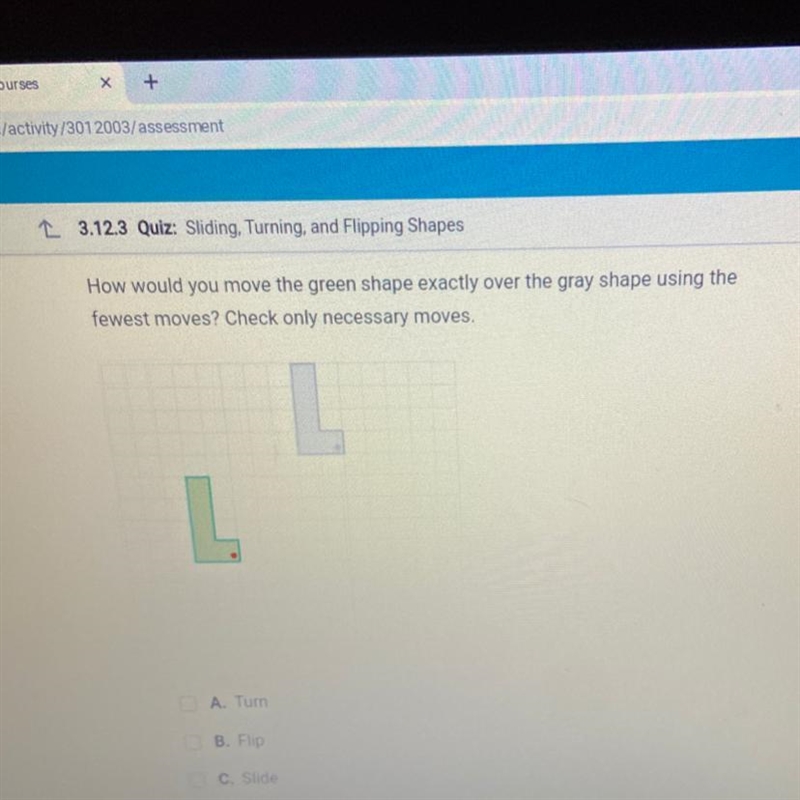 How would you move the green shape exactly over the gray shape using the fewest moves-example-1