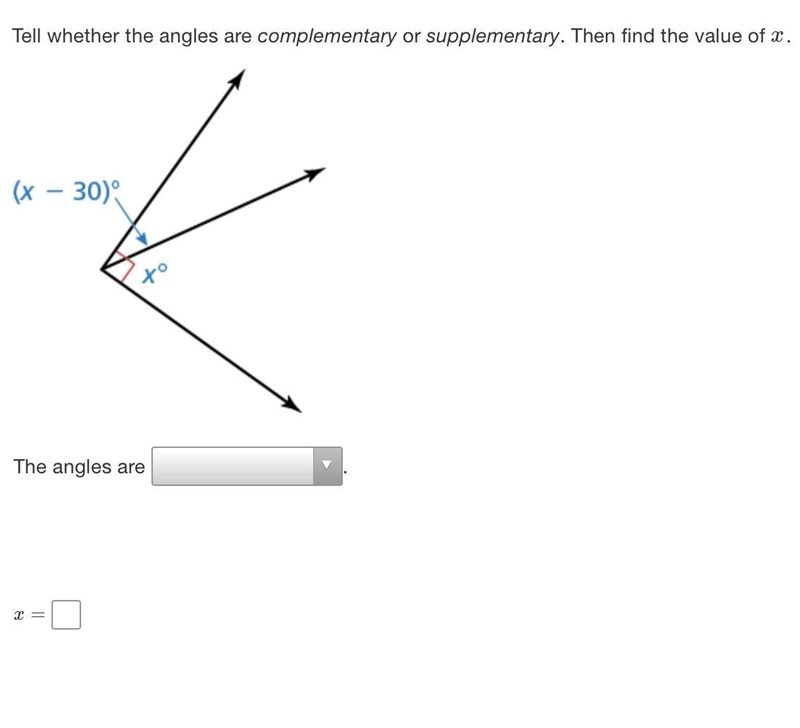 Find the value of x. Then tell whether the angles are complementary or supplementary-example-1