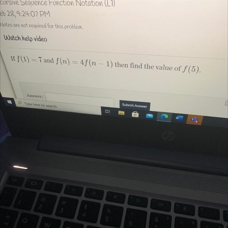 If f(1) = T and f(n) = 4f(n − 1) then find the value of f(5).-example-1