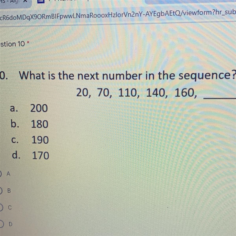 20, 70, 110, 140, 160, ___ what’s the next sequence?-example-1