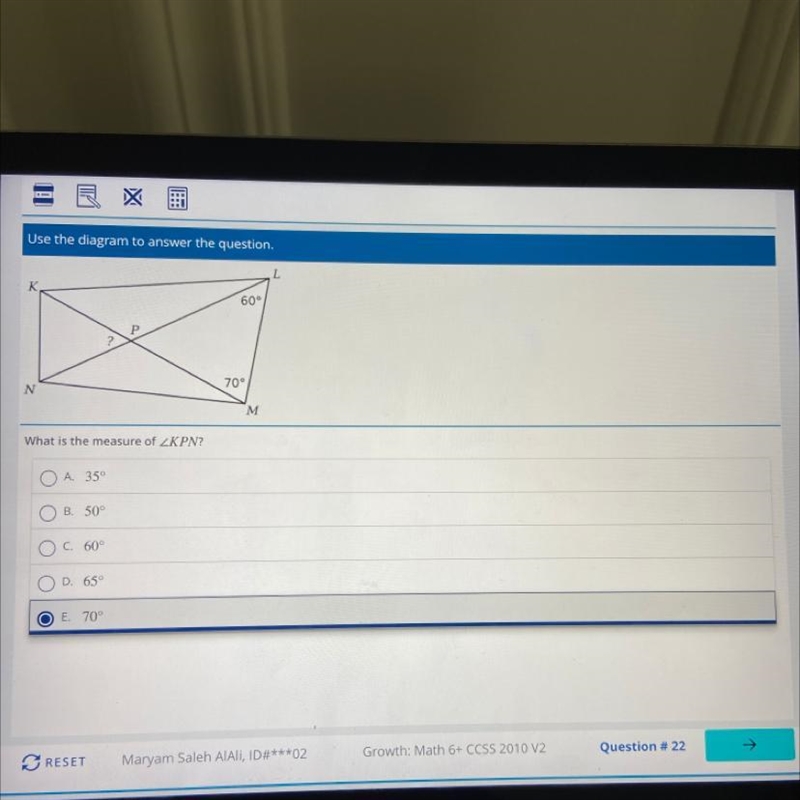 L 60° 2 70° N M What is the measure of ZKPN? O A 350 OB. 50° C. 60° O D. 65° E. 70°-example-1