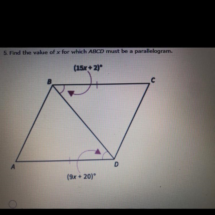 Find the value of x for which ABCD must be a parallelogram a. 1 b. 94 c. 3 d. 47-example-1