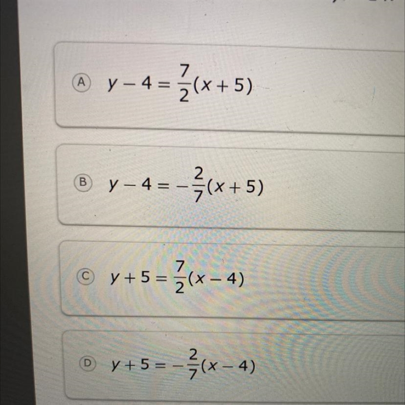 Which equation in point-slope form describes the line that passes through the point-example-1