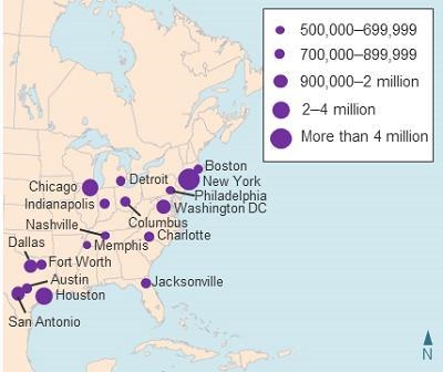 Which of the US cities shown on the map has the largest population? Philadelphia, PA-example-1