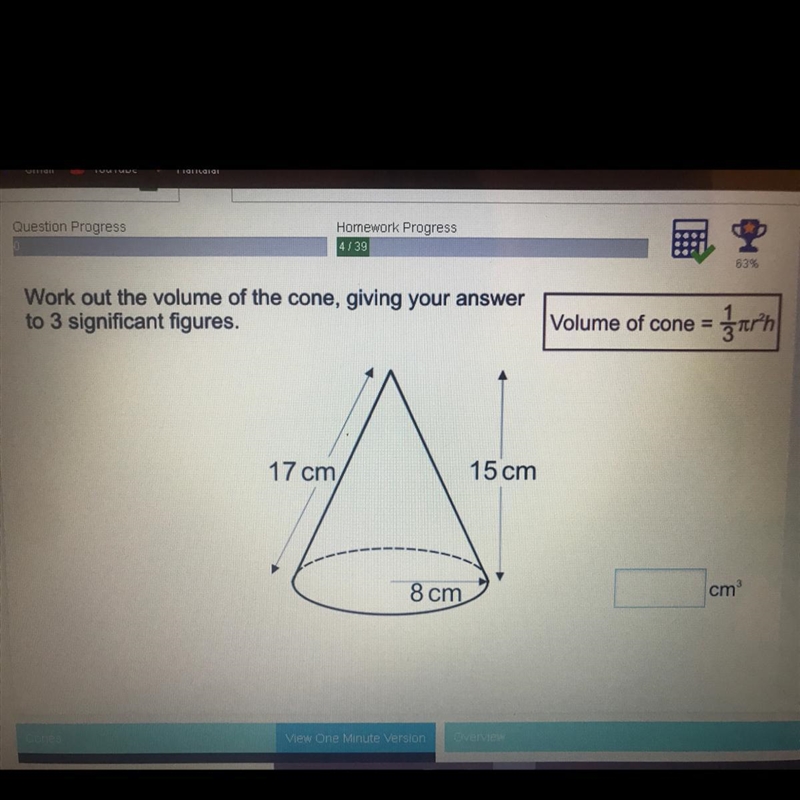 Work out the volume of the cone, giving your answer to 3 significant figures.-example-1