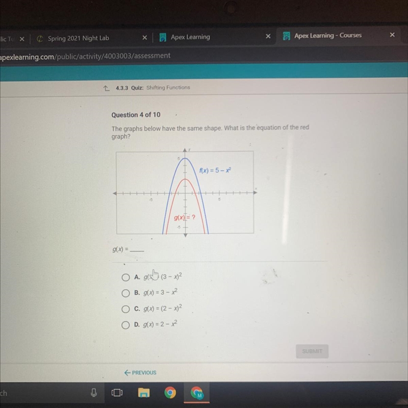 The graphs below have the same shape. What is the equation of the red graph?-example-1