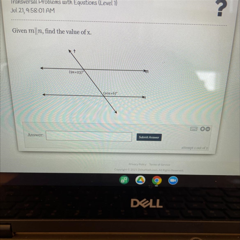 Given m||n, find the value of x. t (9x+23) m (10x+6) an Answer: Submit Answer attempt-example-1