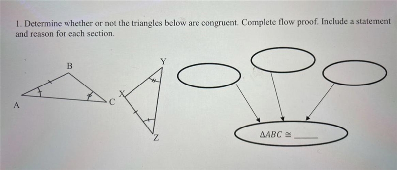 HELP ASP 1. Determine whether or not the triangles below are congruent. Complete flow-example-1