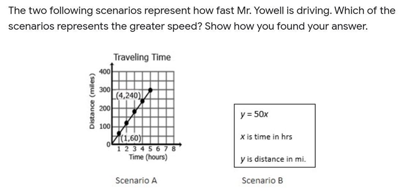 The two following scenarios represent how fast Mr. Yowell is driving. Which of the-example-1