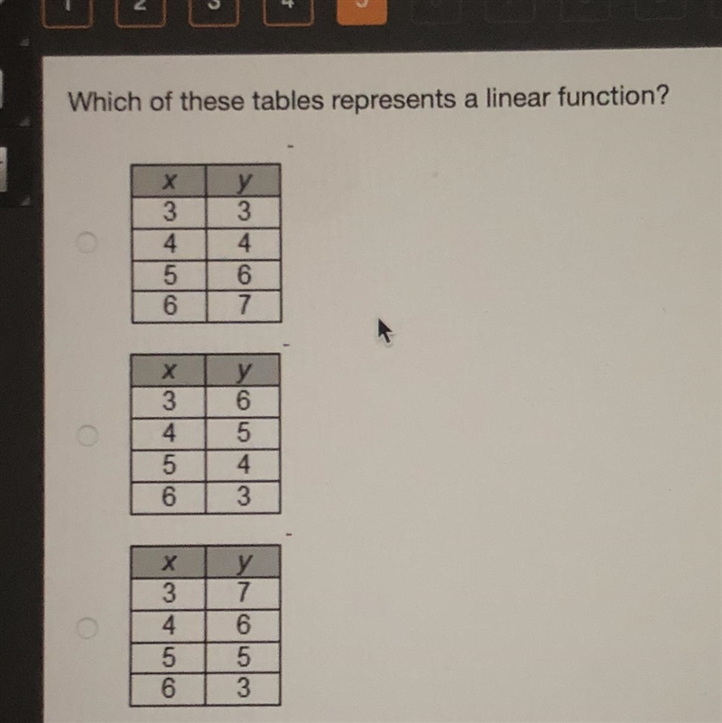 Which of these tables represent a linear function?-example-1