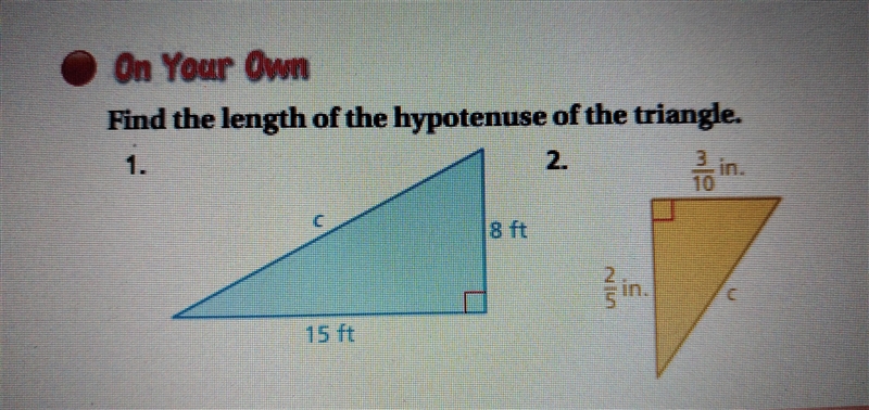 FIND THE LENGTH OF THE HYPOTENUS OF THE TRAINGLE ?HURRY¿ DO QUESTIONS 1 AND 2-example-1