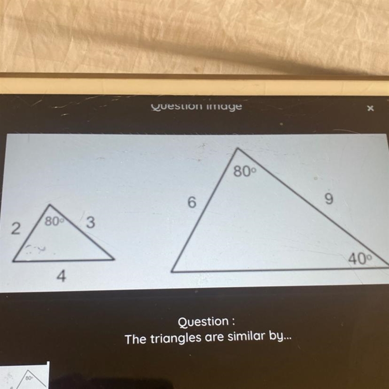 The triangles are similar by 1-AA 2-ASA 3-SSS 4-SAS-example-1