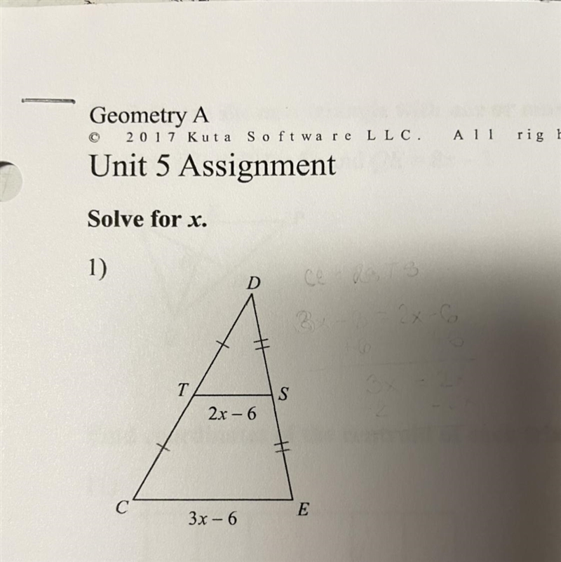 Solve for x TS = 2x - 6 CE = 3x - 6-example-1