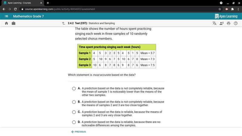 the table shows the number of hours spent practicing singing each week in three samples-example-1