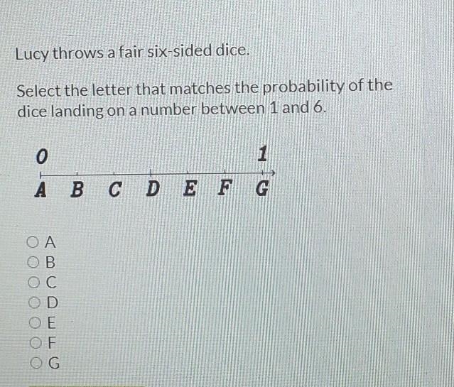 Lucy throws a fair six sided dice . so like the letter that matches the probability-example-1